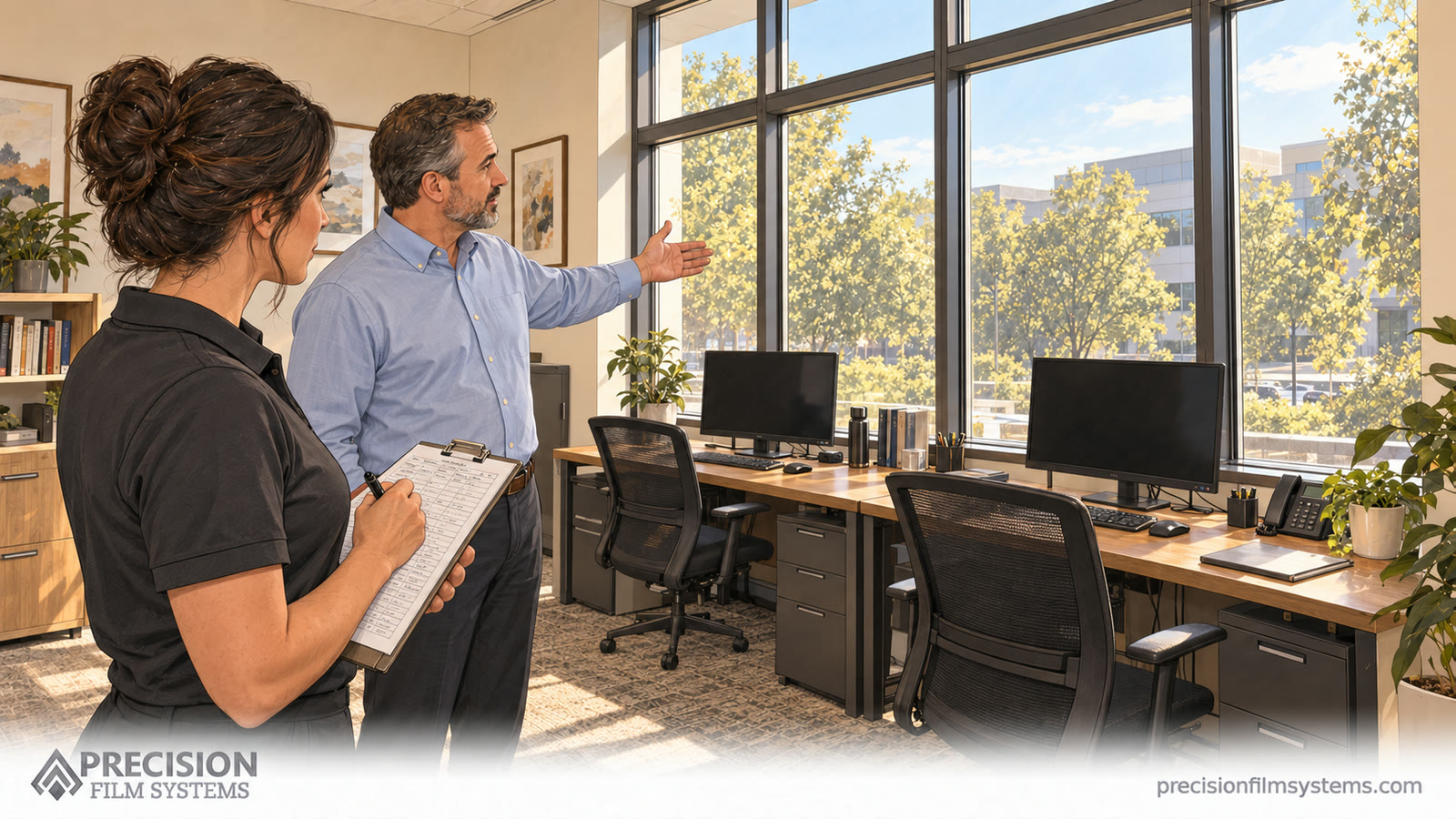 Illustration of an estimator recording site notes as an office manager indicates windows behind desks.