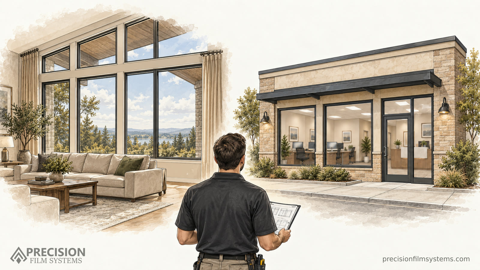 Illustration comparing a home window wall with a small office storefront as an installer reviews the two settings.